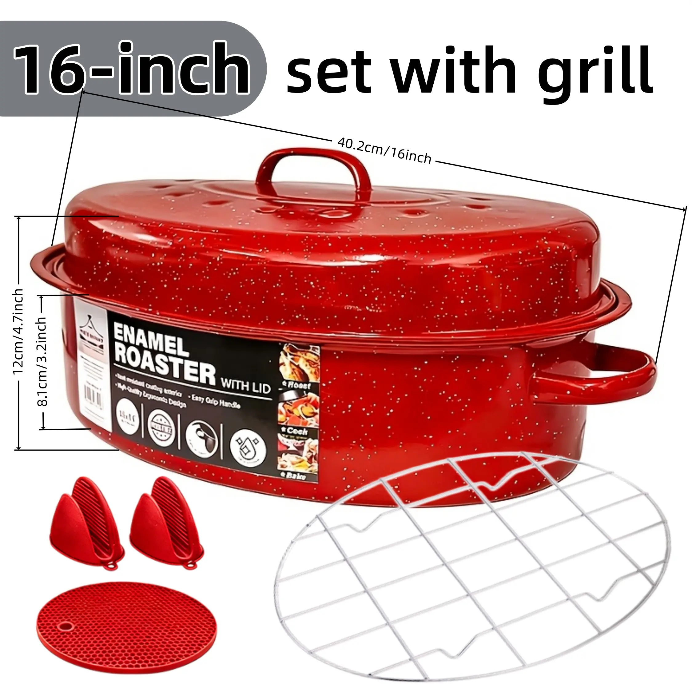 Oval Enamel Roasting Pan with Lid – Starry Red