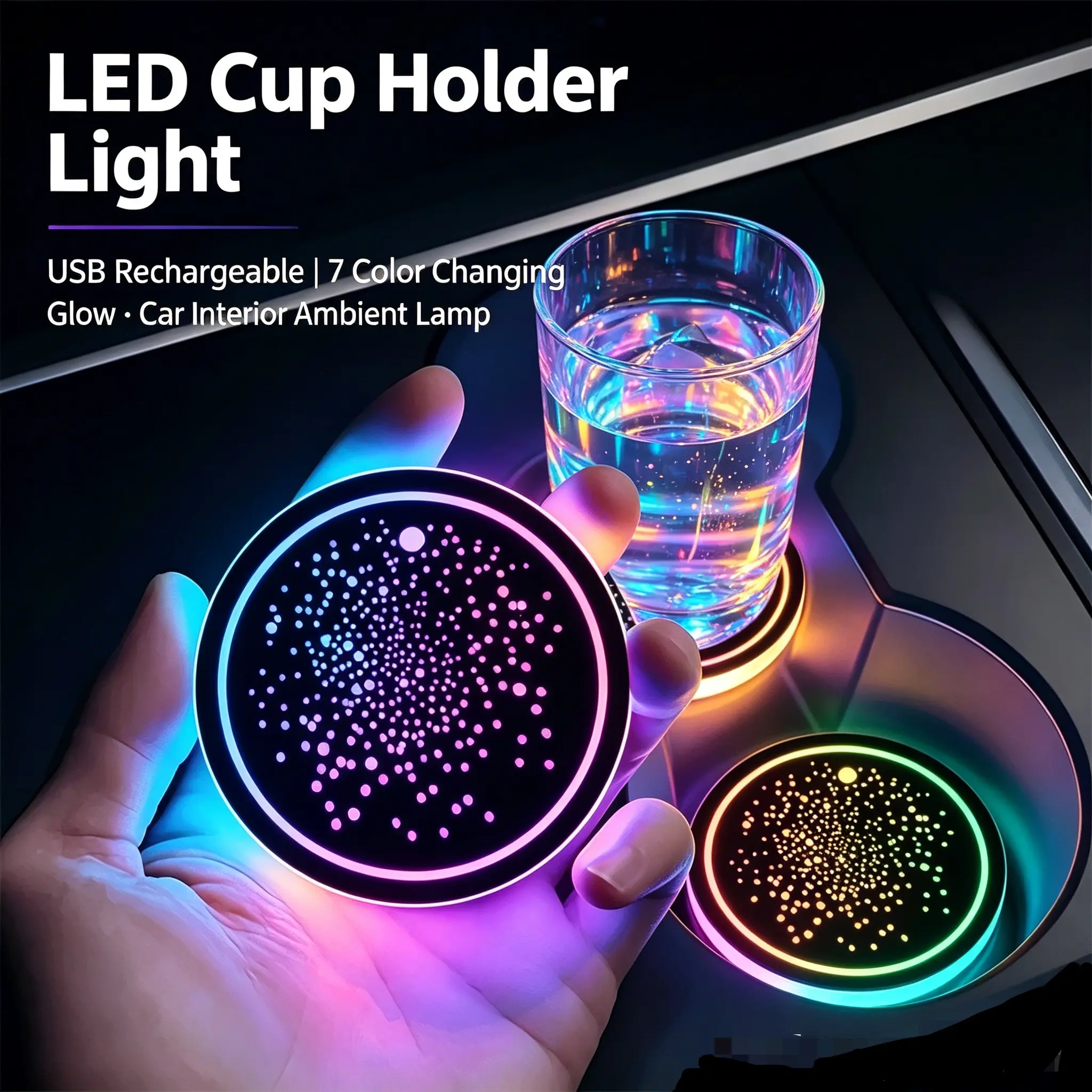 2PCS Rechargeable LED Cup Holder Lights, 7 Color Changing USB Ambient Lamps, Non-Slip Cup Tray Auto Accessories for Cars, Vehicle & Car Interior LED Decorative Parts