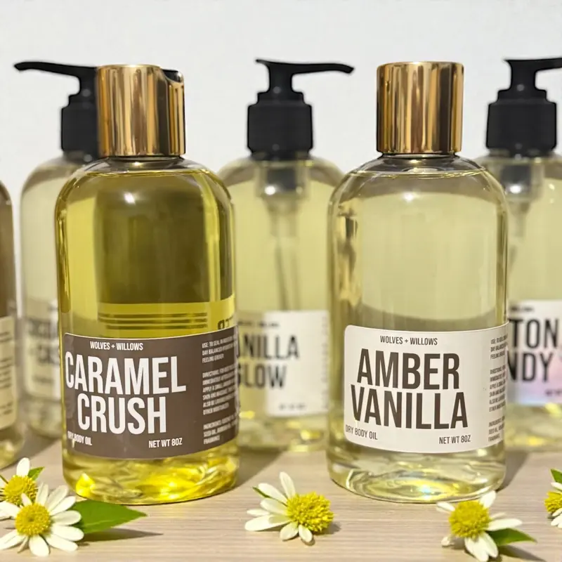 Wolves & Willows 8 oz Dry Body Oil Moisturizer - Aroma Body Care Product - Choose Scent (Jasmine,Vanilla,Pineapple,Strawberry,Cherry,Bergamot,Caramel Blend,Marshmallow Fluff,Rock Candy) - Non-Toxic,Phthalate-Free,Avocado-Infused Formula