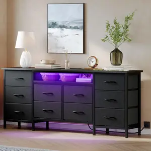 63-Inch Long Dresser with 10 Spacious Fabric Drawers, Modern Bedroom Storage Chest with LED Lighting & Built-in Power Outlet, Versatile Wide Organizer for Living Room & Bedroom