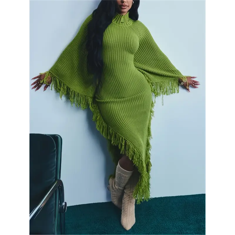 Women's Fringe Trim Sweater Dress - Batwing Long Sleeve High Neck Maxi Dress with Asymmetrical Hem, Fabric Construction, Chic Style for Fall Winter 2024 (Dancewear)