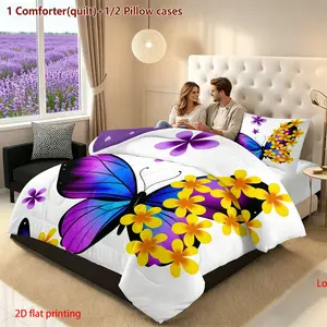 Butterfly Quilted Quilt Set 3-piece, including 1 Quilted Quilt and 2 Pillowcases (excluding pillow core) with purple blue gradient butterfly yellow flower print, all season soft ultra-fine fiber bed cover, suitable for bedrooms all year round