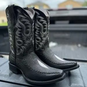 Western Boots with Intricate Embroidery and Textured Leather Finish for Men