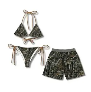 Matching Camo Swimsuit Set for Couples, Women's Two-Piece Bikini & Men's Athletic Camo Mesh Shorts, Perfect Summer Beach Outfit & Gift for Him and Her