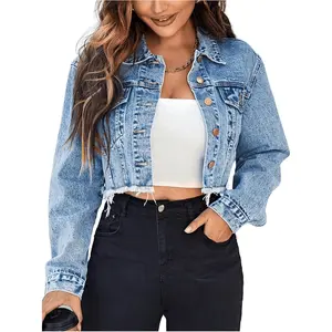 Women's Raw Hem Long Sleeve Button Down Pocket Cropped Denim Jean Jacket