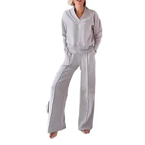 Two Piece Sweatpants Set V-neck Long Sleeve Loose Top Wide Leg Pants Two-piece Set Trousers & Sweater Pull Over Casual Lounge Set Leisure Fashion Travel Set