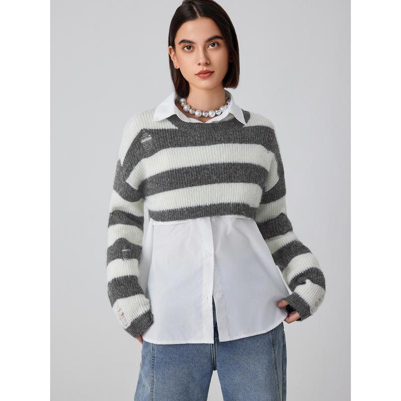 Cider [size 2-10] Round Neck Striped Ripped Knit Long Sleeve Crop Sweater