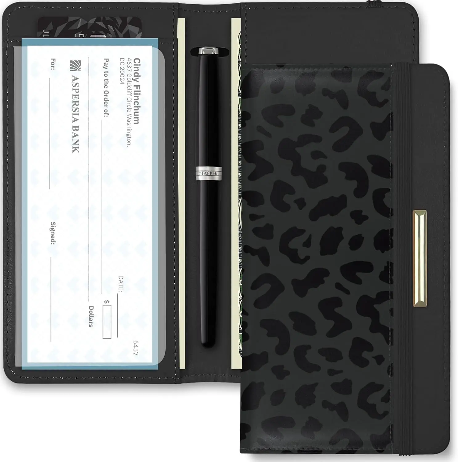 Letter Checkbook Cover, RFID Blocking Checkbook, Stylish, Lightweight, Slim Durable, Multi-Functional Checkbook Holder for Personal and Business Checks (Leopard-Black)
