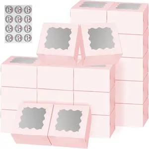 Cookie Boxes,Pink Bakery Boxes with Window,Small Treat Boxes,Mini Cake Boxes,for Pastry,Dessert,Cookies,Muffins,Donuts,Chocolate Covered Strawberries (3.39'x3.39'x2.48')