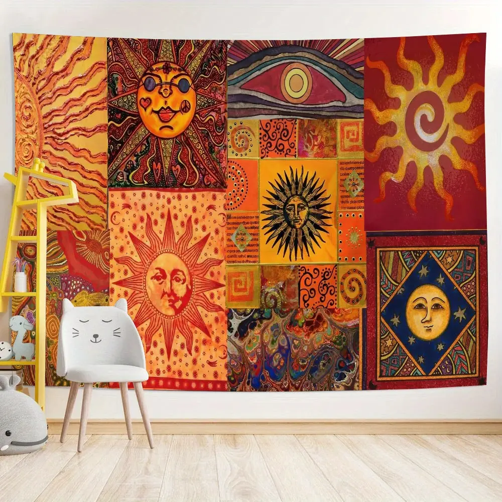 1pc Bohemian Polyester Tapestry - Patterned Wall Hanging with Vibrant Imagery of Sun, Moon & Celestial Prints, Synthetic Fabric, Machine Washable Easy to Clean, Boho Vibe Indoor Decor for Dormitories