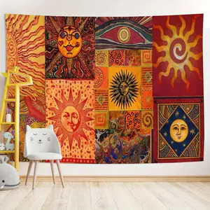 1pc The colorful artistic wall hanging fabric made of polyester fiber features vivid patterns of bright suns, moons and celestial elements. It is highly suitable for decoration in dormitories, with a unique Bohemian style. Tapestry Room Decor It is