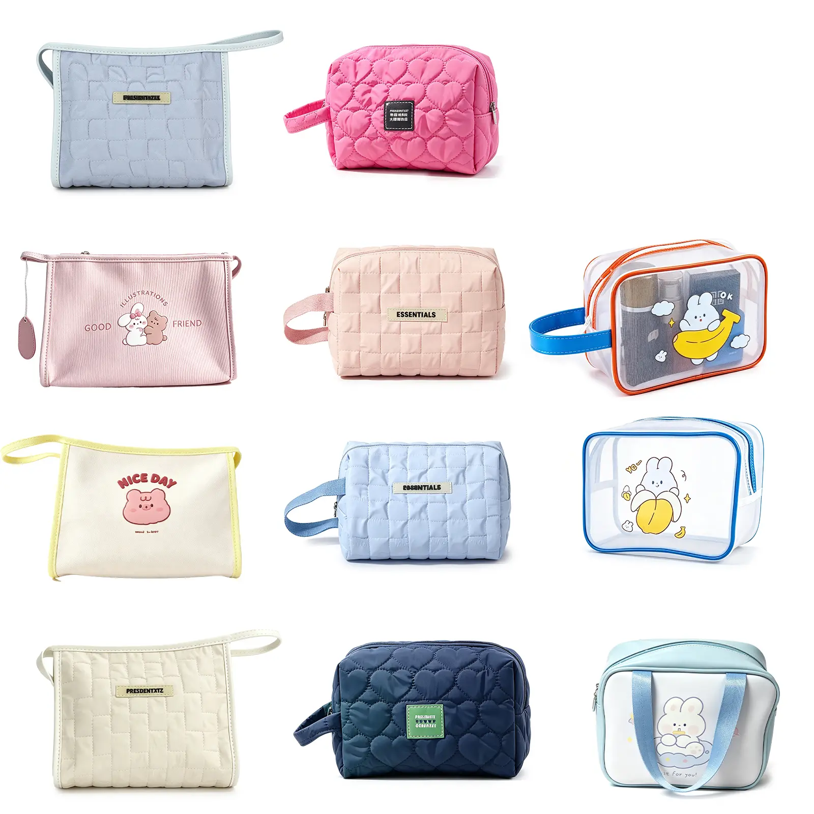 11Pcs Cute Quilted Makeup Bag, Zipper Cosmetic Pouch, Portable Travel Toiletry Organizer Case, Waterproof Checkered Cartoon Make‑Up Pouch, Multi‑Style Cosmetic Storage Bag for Women Girls Daily Essentials & Vacation