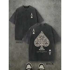 Retro Washed T-Shirt Double Sided Printed (180 Pure Cotton T-Shirt) 'LUCK AND STRENGTH'  Letter And Ace Of Spades Pattern Print, Men's T-Shirt, Men's Casual, Comfortable, Fashionable T-Shirt, Street Style Cotton Menswear Top Man Crewneck Bestie Tropical