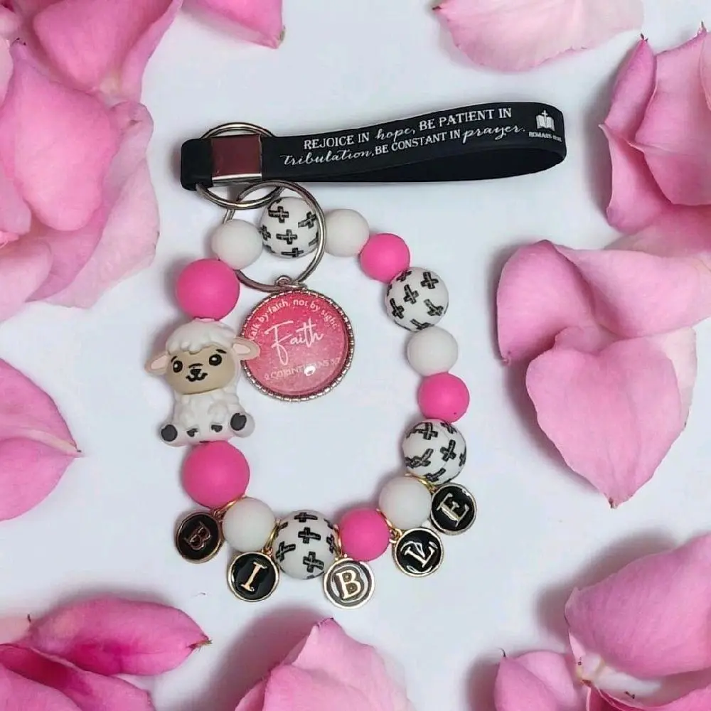 Handmade Stylish Jesus Sheep Keychain with Bible Letter Spelling, Compact Practical Barrette Design, Pink & White Color, Split Ring