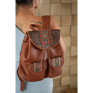 Aztec Inspired Vegan Tooled Leather Backpack in Wildlife Brown with Studs & Embroidery Perfect for Weekend Getaways
