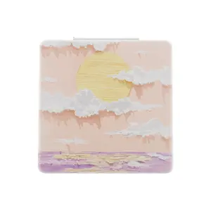 VOCOSTE 1pc Women's Compact Mirror for Purses, Square Hand-drawn Makeup Mirror for Travel Vacation Orange