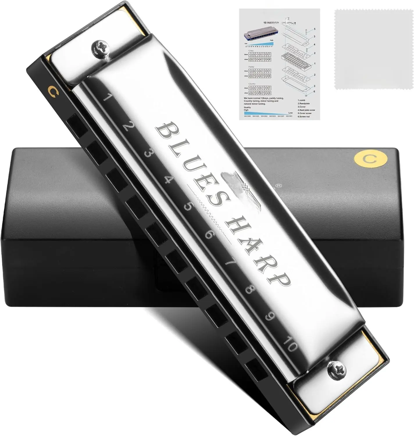 Blues Harmonica for Beginners, 10 Hole C Key Diatonic Blues Harp with Stainless Steel Cover & Phosphor Bronze Reeds, Professional Grade for Adults, Gifts ( C)