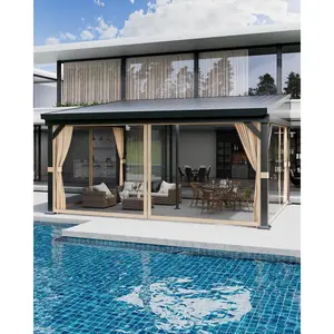 Garvee 10 ft x14 ft Wall-Mounted Hardtop Gazebo with Curtains & Net | Lean-to Pergola with Galvanized Steel Roof | Outdoor Patio Shelter for Deck, Backyard, Porch