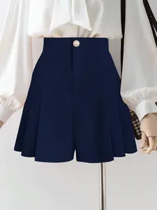 New Women's Pleated A-Line Slimming Mid-Waist Shorts, Comfortable Elegant Daily Wear, Zipper Design, Plain Pattern, Fitted Style