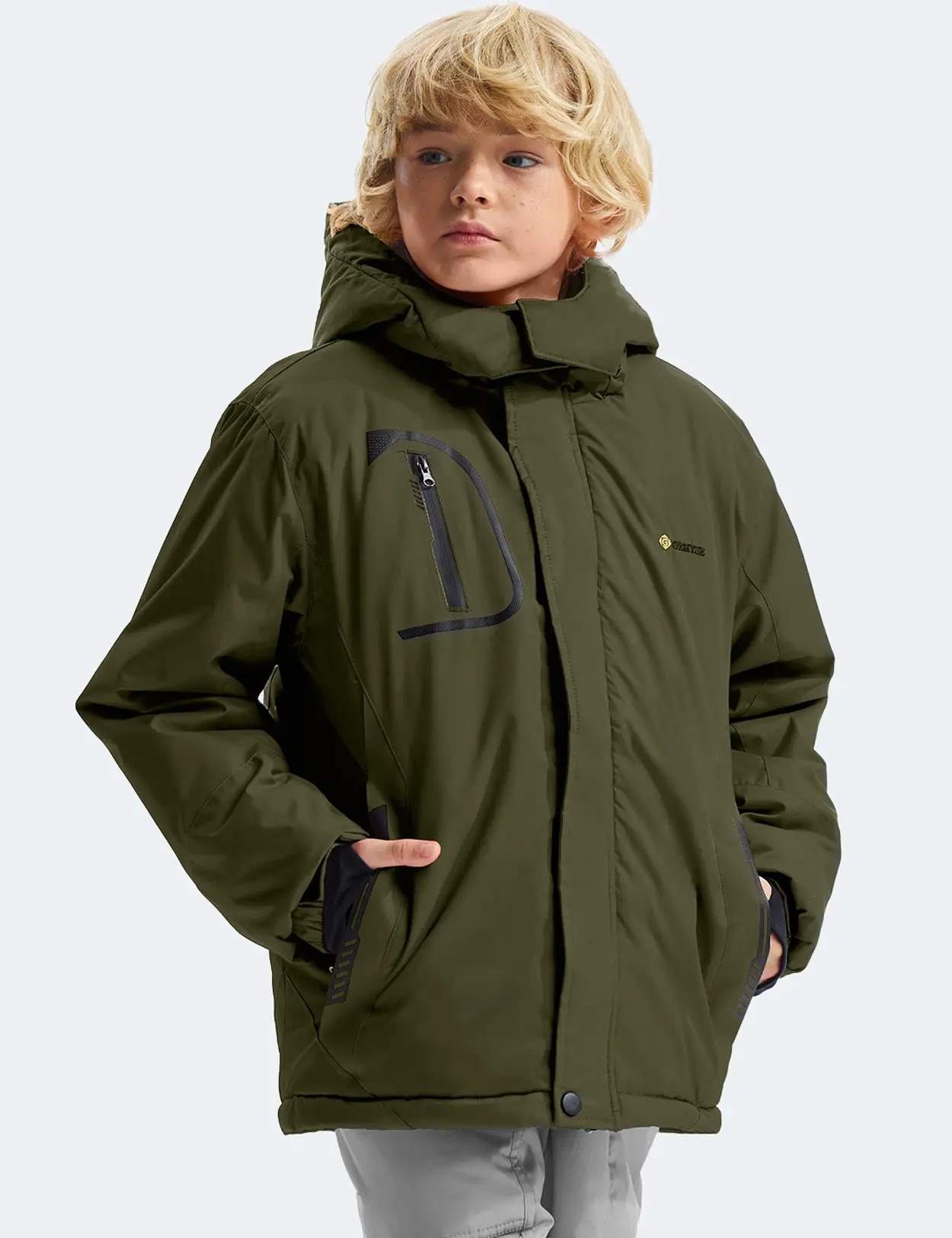 GEMYSE Teen Men's Fleece Windproof Winter Jacket, Waterproof Hooded Thick Ski Suit, Multi-Pocket Durable Outerwear