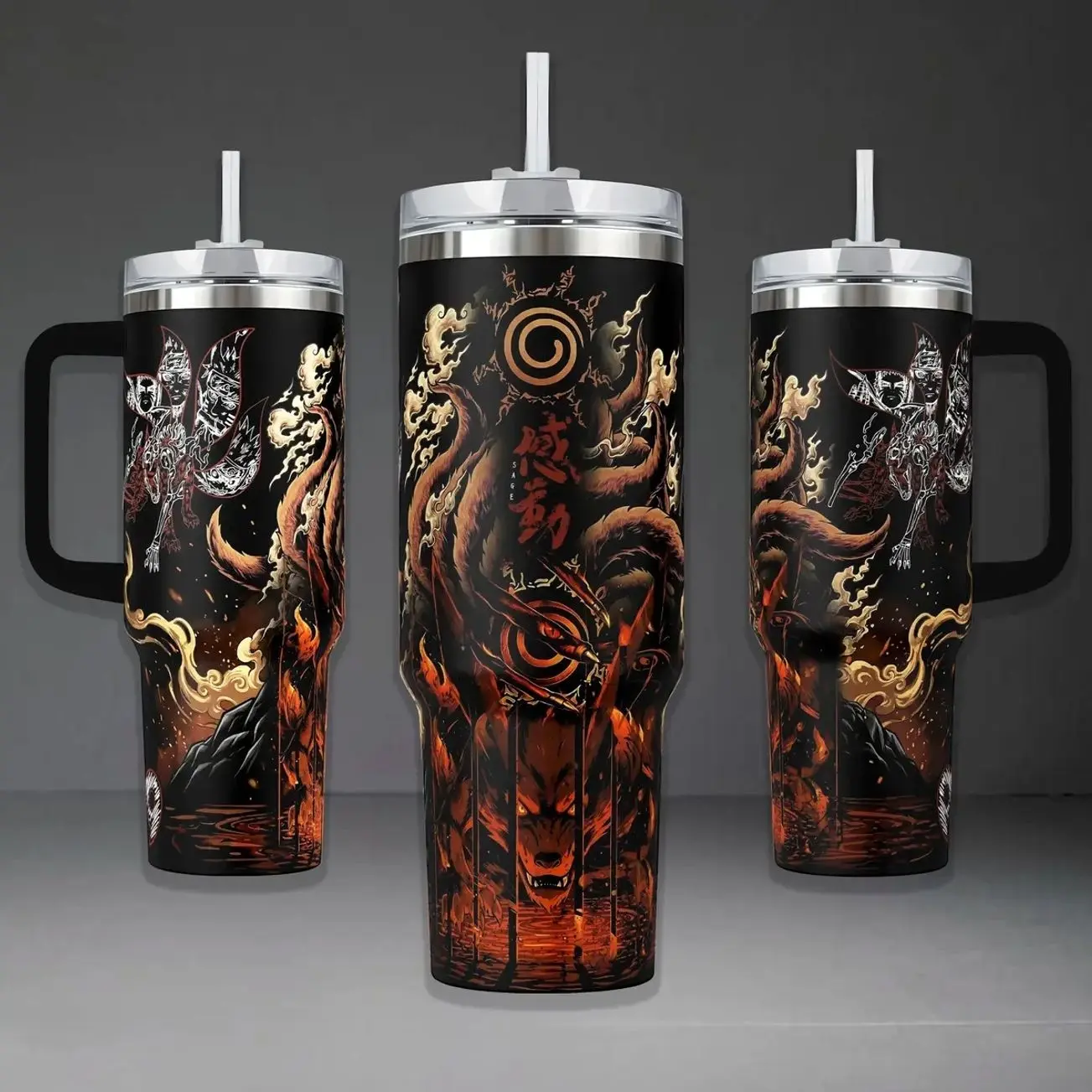 Kurama Nine-Tails Fox Tumbler, Naruto Shippuden Sage Mode 40oz Cup with Handle, Kyuubi Seal 20oz Stainless Steel Travel Mug, Anime Ninja Gift, Kurama Inspired Insulated Tumbler