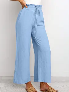 Womens Solid Color Paper Bag Waist Tie Front Loose Pants Summer Casual High Waist Cropped Pants Ankle Length Summer Trousers Summer Outfit Linen Style Wide Leg Palazzo Bottoms