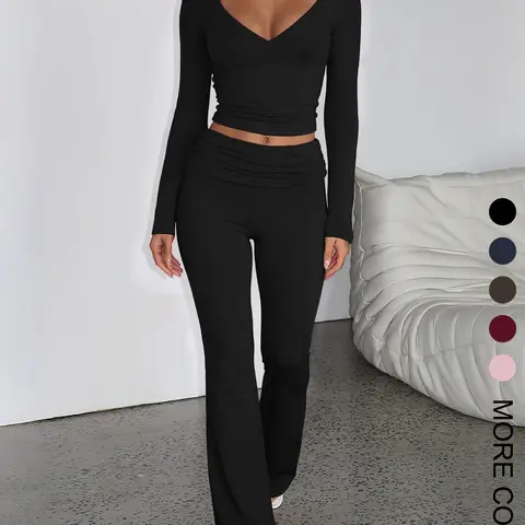 WIETRY Women's Basic Minimalist 2-Piece Solid Casual Lounge Set - Slim-Fitting Polyester V-Neck Long-Sleeve Top, High-Waist Fold-Over Flared Pants (W23 Black)