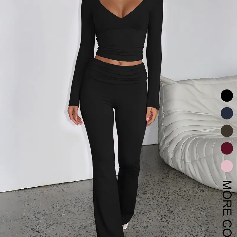 WIETRY Women's Basic Minimalist 2-Piece Solid Casual Lounge Set - Slim-Fitting Polyester V-Neck Long-Sleeve Top, High-Waist Fold-Over Flared Pants (W23 Black)
