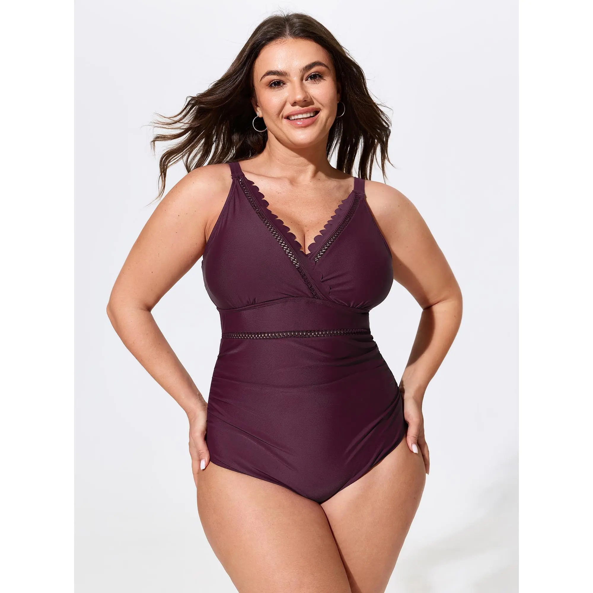 BLOOMCHIC Plus Size Wave Lace Trim Waist Ruched One Piece Swimsuit[M-6X] Summerfinds