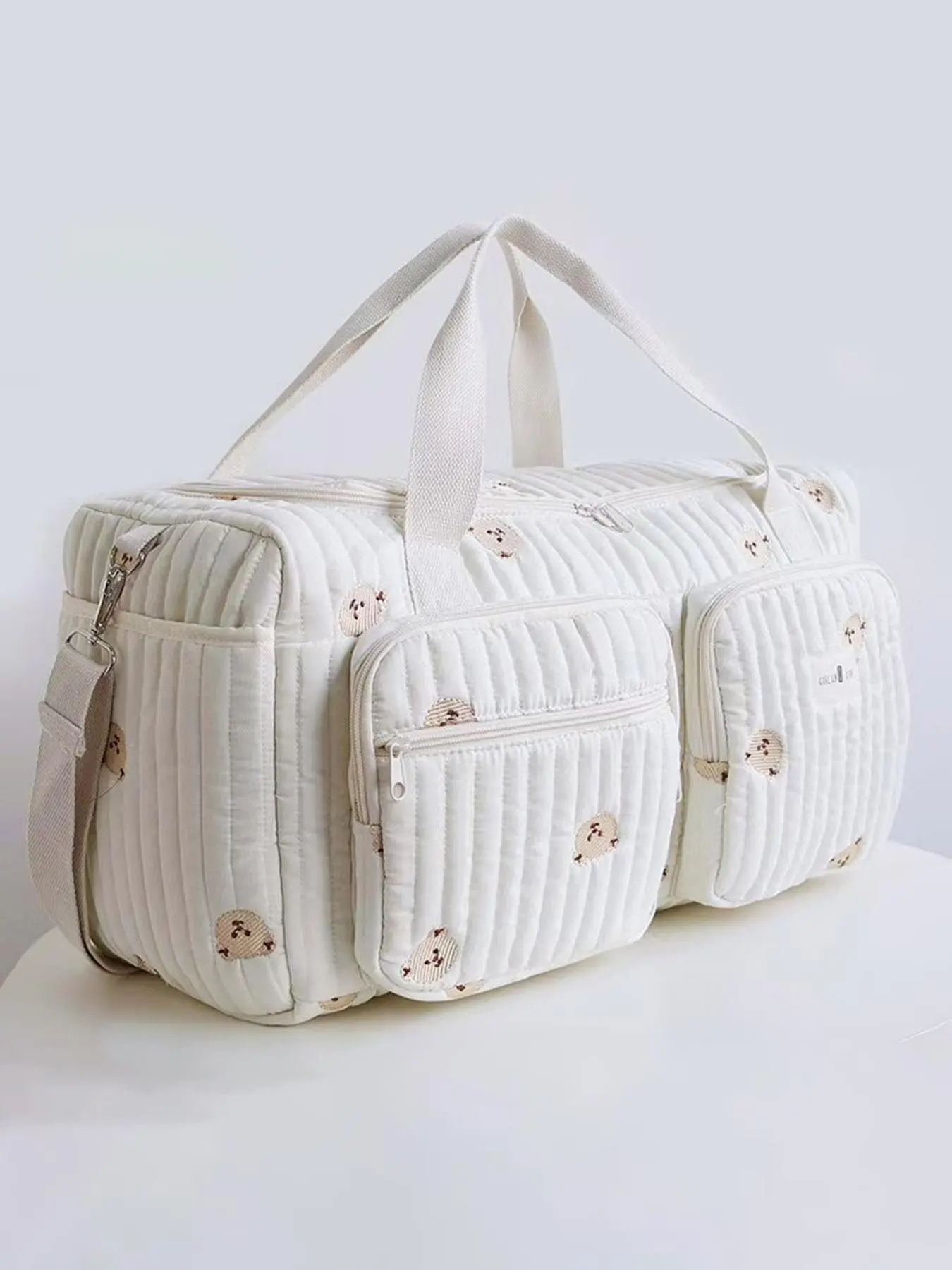 Cream white cute bear embroidered bag, large capacity multi-pocket hand-held crossbody fitness bag, cartoon multi-compartment design, versatile crossbody bag, Casual crossbody bag, Casual shoulder bag, Casual trendy bag