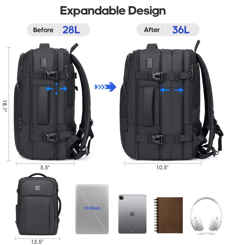 Bruno Cavalli Travel Backpack TSA Friendly 36L Expandable #18621 Black with 17" Laptop Compartment, USB Charging, Water Bottle Pocket, Anti-Theft, Waterproof, for Business, Travel, Outdoor