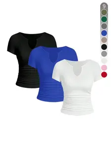 Women's Solid Notched Neck Tee, Casual Comfy Short Sleeve T-shirt for Daily Wear, Ladies Clothes for All Seasons, Top