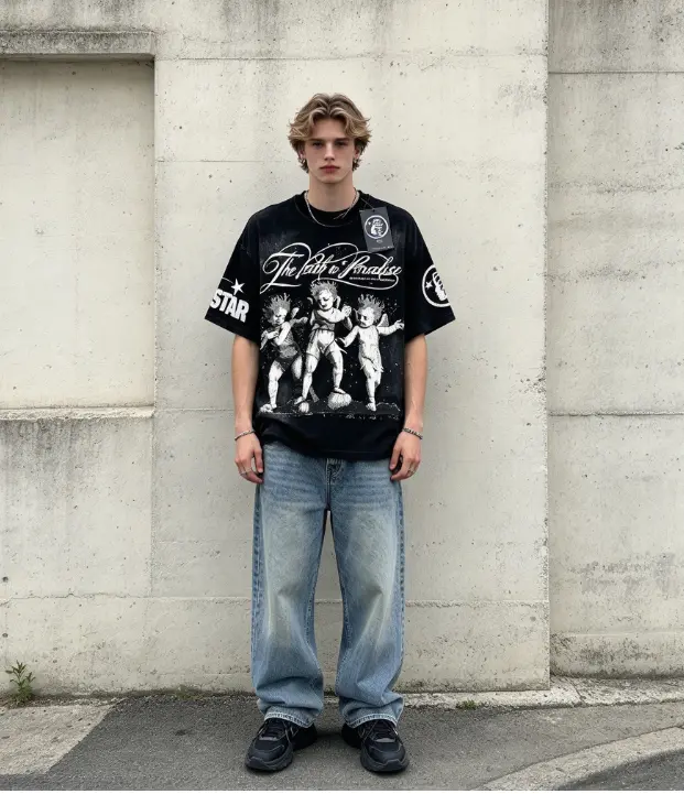 Hellstar Path to Paradise T-Shirt, Vintage Three Angels Starry Night Double Sided Graphic Print Heavy Cotton Tee Shirts, Loose Fit Gothic Typography Hip Hop Top Men Women Unisex, Washed Black Retro Streetwear