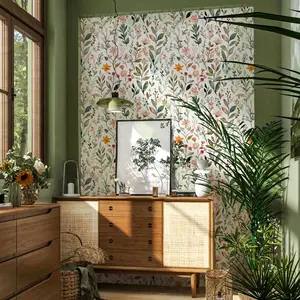Bohemian Floral Self-Adhesive Decorative Wallpaper Roll, Detachable Waterproof Wall Sticker, Durable Home Decor for Kitchen Dining Bedroom Living Room