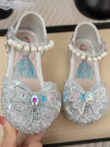 Girls' Princess Bow Rhinestone Butterfly Shoes, Sparkling Mesh Anti-Slip Pearl Buckle Velcro Flats, Cute Daily Wear Shoes