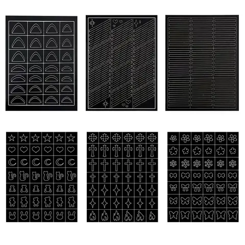 SOLWINK 6pcs Stencils 6 Sheets Cute DIY Multi-Pack Reusable Nail Art Templates Kit - Butterfly, Flower, Snowflake, Star, Moon, Cat, Rabbit, Bear Designs, French Tips, Airbrush Tools, Complete Manicure Decor Set