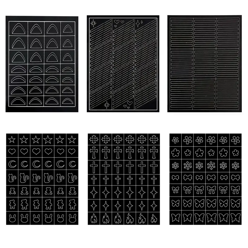 SOLWINK 6pcs Stencils 6 Sheets Cute DIY Multi-Pack Reusable Nail Art Templates Kit - Butterfly, Flower, Snowflake, Star, Moon, Cat, Rabbit, Bear Designs, French Tips, Airbrush Tools, Complete Manicure Decor Set