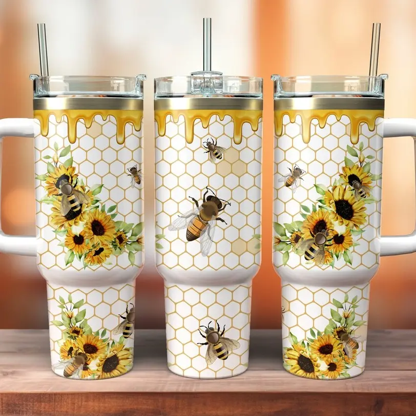 Insulated Stainless Steel Tumbler with Bee and Honeycomb Design, Reusable Kitchenware Drinkware Water Bottle