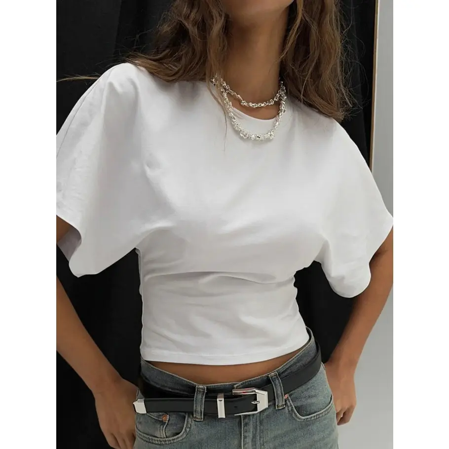 Women Solid Color Basic Fitted Crop Tee Casual Half Sleeve Round Neck T Shirt Lightweight Soft Breathable Stylish Summer Tops Ladies Daily Wear Casual Womenswear For Street Daily Outings