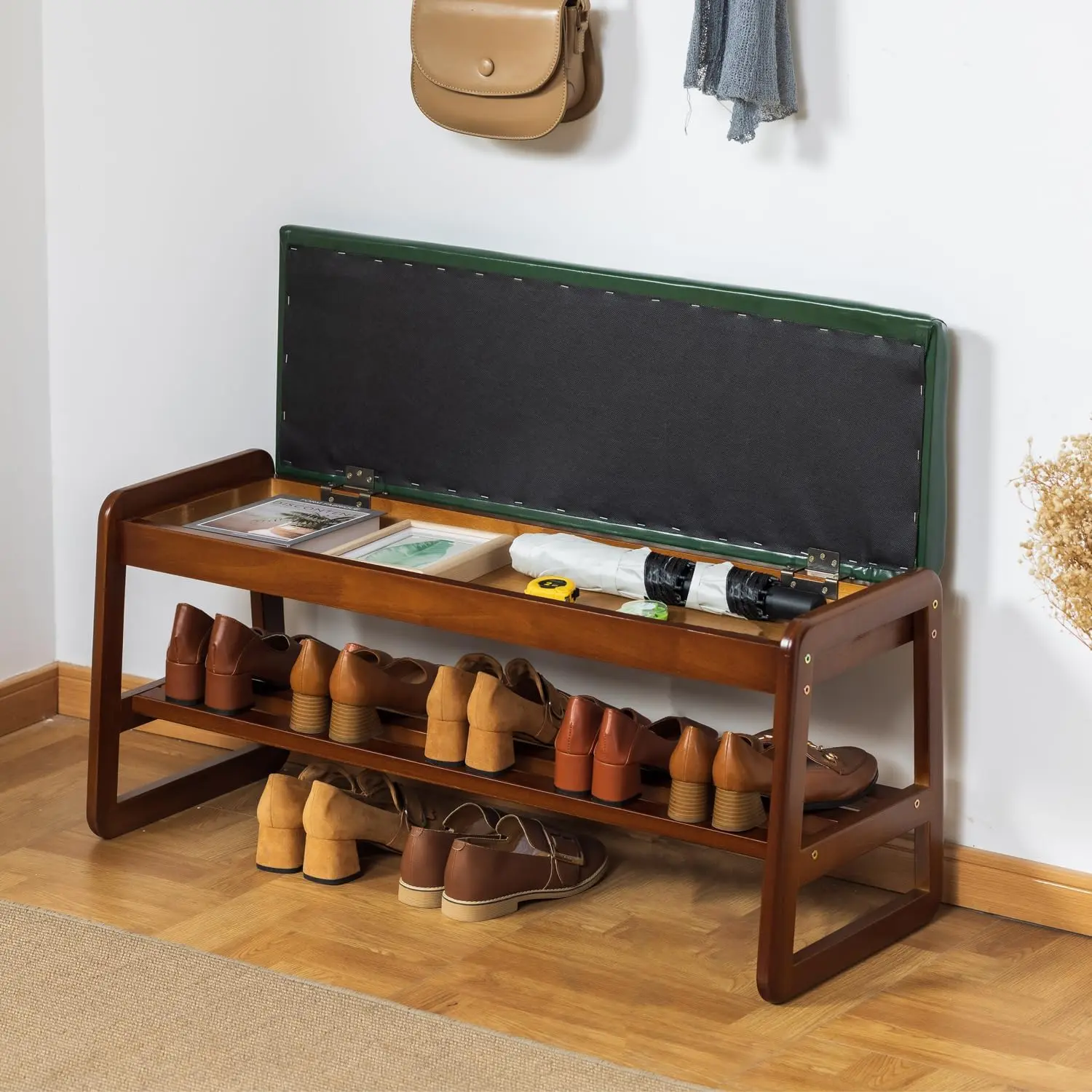 Solid Wood Shoe Bench, 2-Tier Entryway Bench with Cushion and Flip-Open Storage Box, Mid-Century Modern Shoe Bench Rack for Hallway, Mudroom
