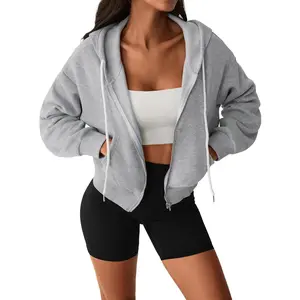 Womens Cropped Zip Up Hoodie Drawstring Long Sleeve Crop Hooded Jacket with Pocket