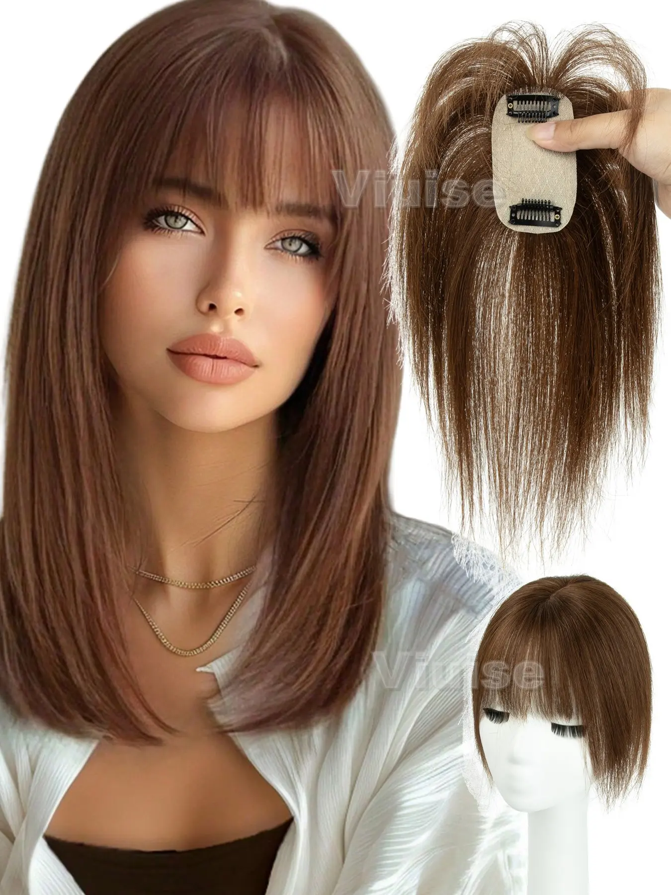 5*9CM Brown Forehead Topper,Clip In Hair Topper with Bangs for Women - Ombre/Highlight Straight Real Brazilian Human Hair Clip-In Extensions,Adds Volume & Length,Thinning Hair Increase hair volume & Covering white hair,Styling With Bangs