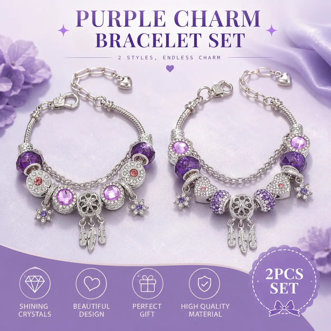 Purple Crystal Charm Bracelet Set for Women, Adjustable Silver Plated Beaded Bracelet, Heart & Dreamcatcher Charm Jewelry Gift for Girls