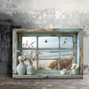 Room decor, beach view window canvas wall art, vintage beach scene with butterflies and flowers, with wooden stand, for living room, bedroom, kitchen, home office Ornaments Artistic Decoration poster Photo Print