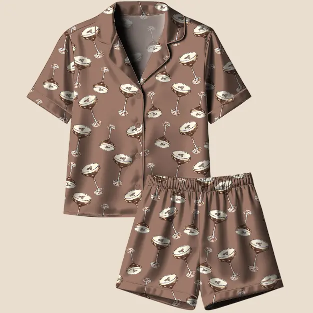 Espresso Martini Wedding Drink Coffee Pajama Set, Satin Printed Pajama Set, Silky Unisex Sleepwear with Fun Prints, Short & Long Options