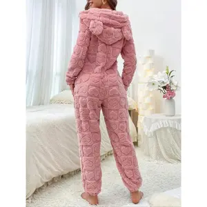 Winter Heart bunny ears casual wearable clip-on sleepwear jumpsuit, cozy pajamas for women, comfortable all-in-one