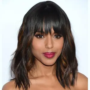 Short Wavy Bob Wig with Bangs for Women - 14 Inch Ombre Brown Curly Synthetic Hair Natural Looking Heat Resistant Fiber for Daily Party Use