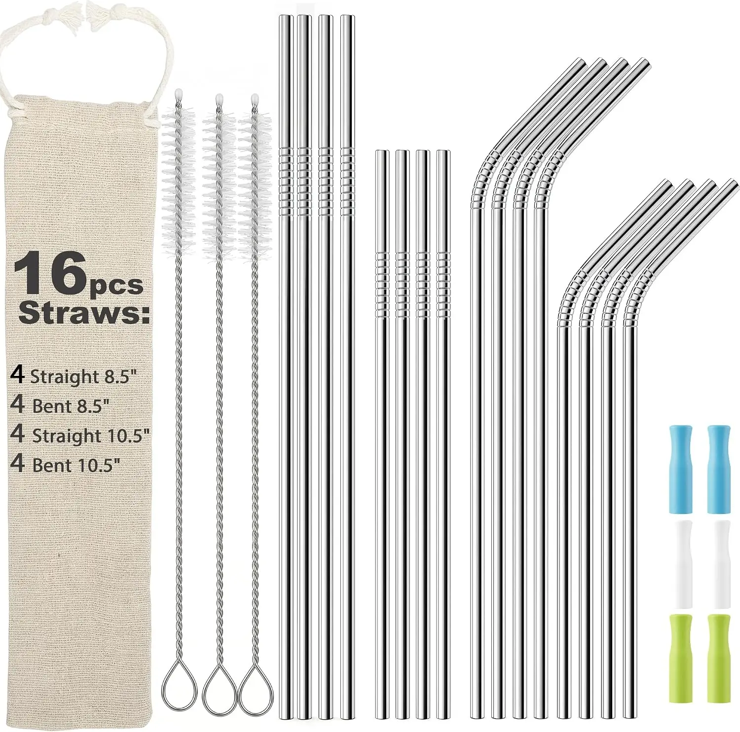 16 Pack Reusable Stainless Steel Metal Straws for Tumblers, 8pcs 8.5" + 8pcs10.5", Comes with 6 Silicone Tips, 3 Cleaning Brushes & Storage Pouch, BPA Free Drinking Straws