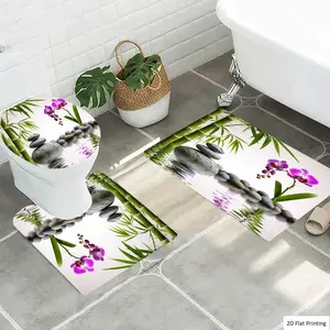 1/3Pcs Zen style Bamboo Orchid and Stacked Stones Bathroom Mat Set, Flannel Non Slip Bath Rug, Toilet U-Shape Mat, Toilet Lid Cover, Thickened Soft Absorb Water, Microfiber Surface Memory Foam Cushion, Home Bat