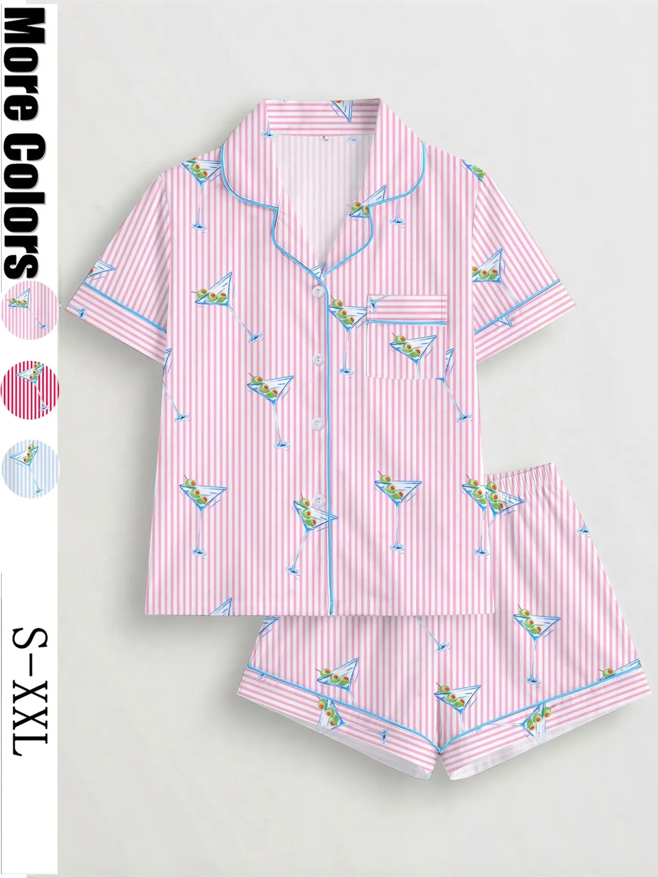 Women's Sleepwear Loungewear Set, Short Sleeve Lapel Button Top and Elastic Shorts, Soft Striped Print Pjs Set for Daily Home Wear, Pajama Set, Casual Fitted Pajamas